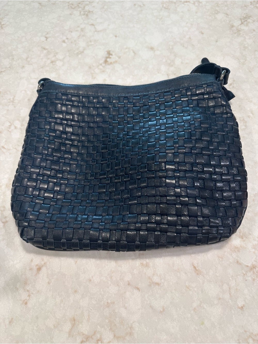 Navy leather woven crossbody bag. NWOT.